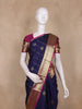 Navy Blue Stripes Butta Woven Kanchipuram Silk Saree With Contrast Pink Zari Border