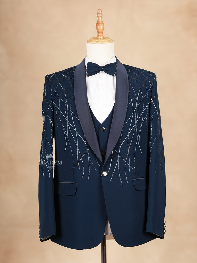 Navy Blue Blended Cotton Coat Suit with Attached Bow Set