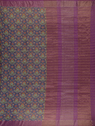 Navy Blue Floral Printed Tussar Silk Saree - Diadem