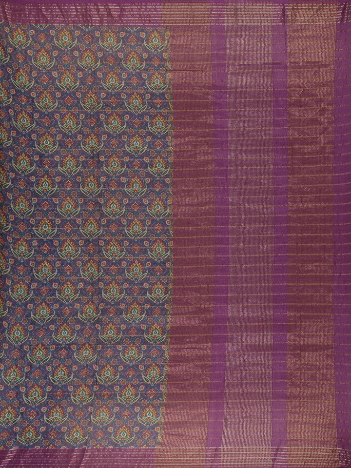 Navy Blue Floral Printed Tussar Silk Saree - Diadem
