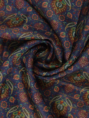 Navy Blue Floral Printed Tussar Silk Saree - Diadem