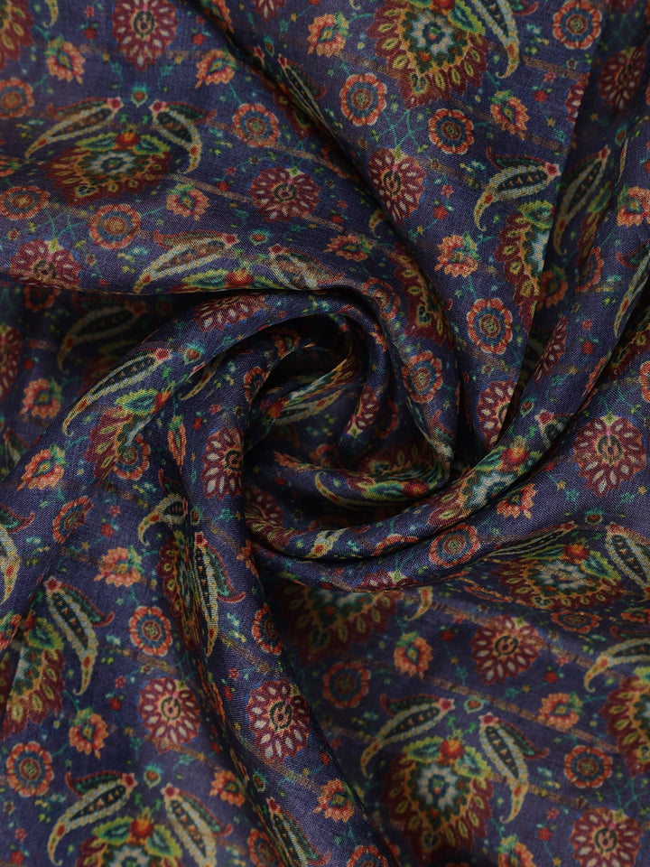 Navy Blue Floral Printed Tussar Silk Saree - Diadem