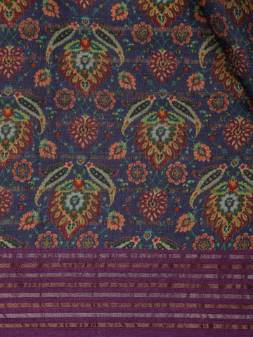 Navy Blue Floral Printed Tussar Silk Saree - Diadem