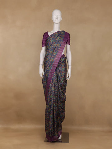 Navy Blue Floral Printed Tussar Silk Saree - Diadem