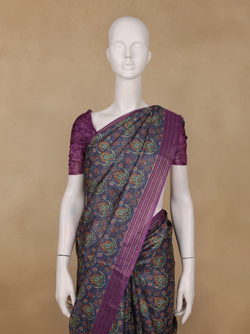 Navy Blue Floral Printed Tussar Silk Saree - Diadem