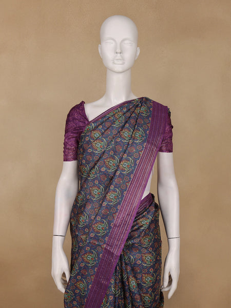 Navy Blue Floral Printed Tussar Silk Saree - Diadem