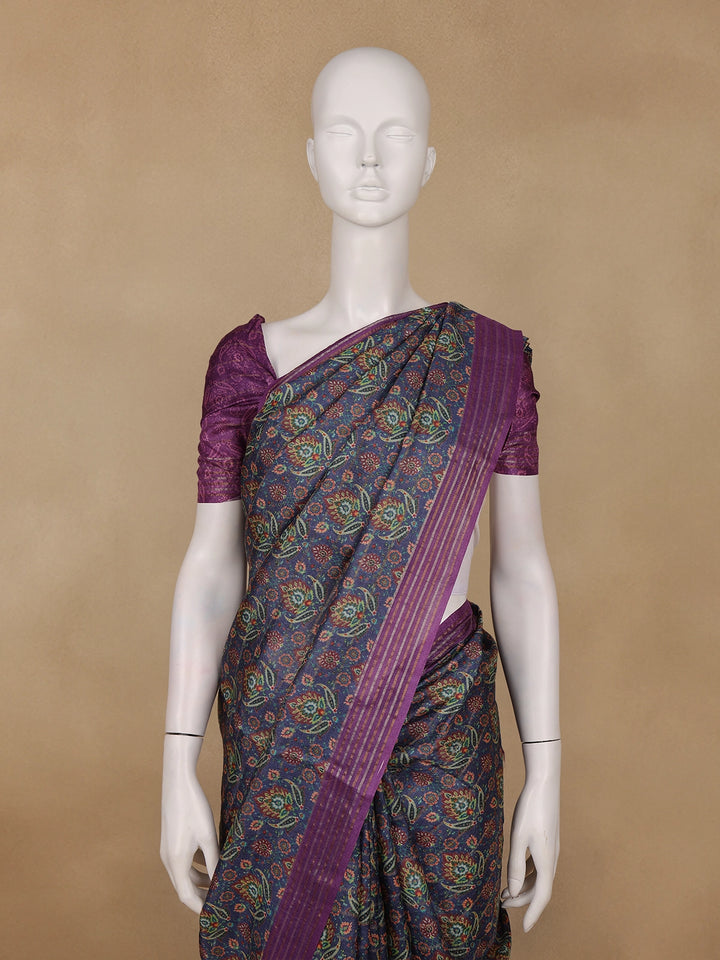 Navy Blue Floral Printed Tussar Silk Saree - Diadem