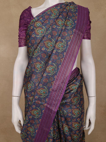 Navy Blue Floral Printed Tussar Silk Saree - Diadem