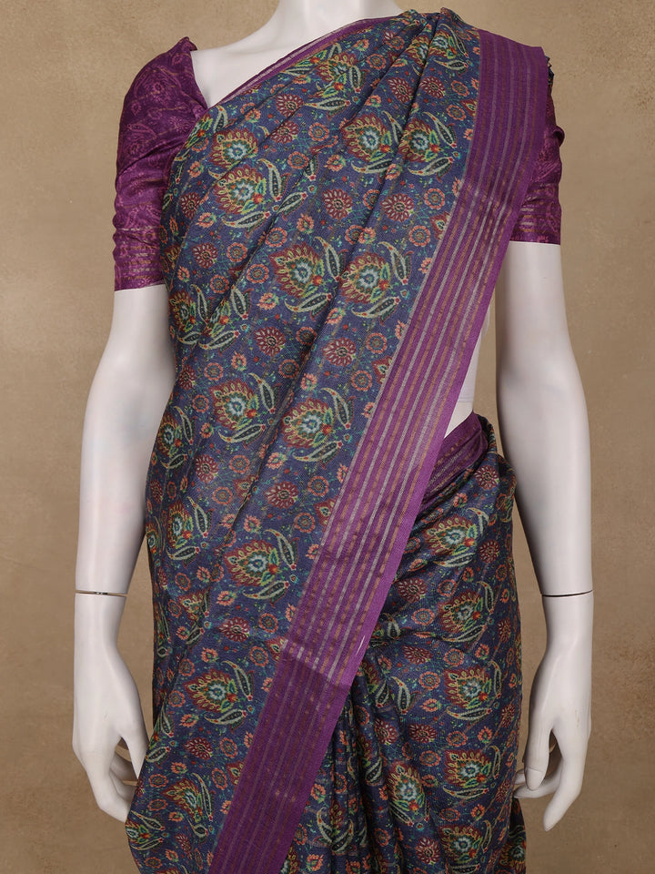 Navy Blue Floral Printed Tussar Silk Saree - Diadem