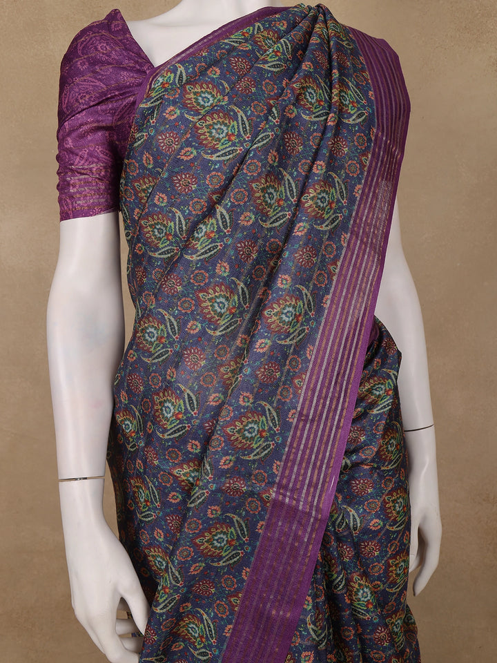 Navy Blue Floral Printed Tussar Silk Saree - Diadem