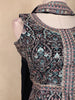 Navy Blue and Teal Floral Embroidered Georgette Peplum Palazzo Suit with Choker Dupatta