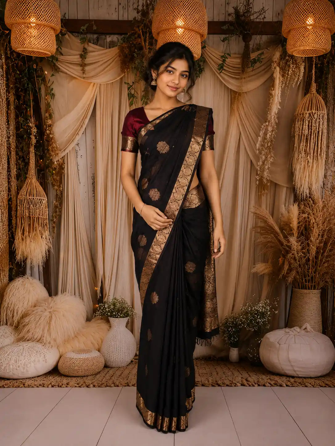 Navy Blue Butta Woven Design Kanchipuram Silk Saree with Zari Border