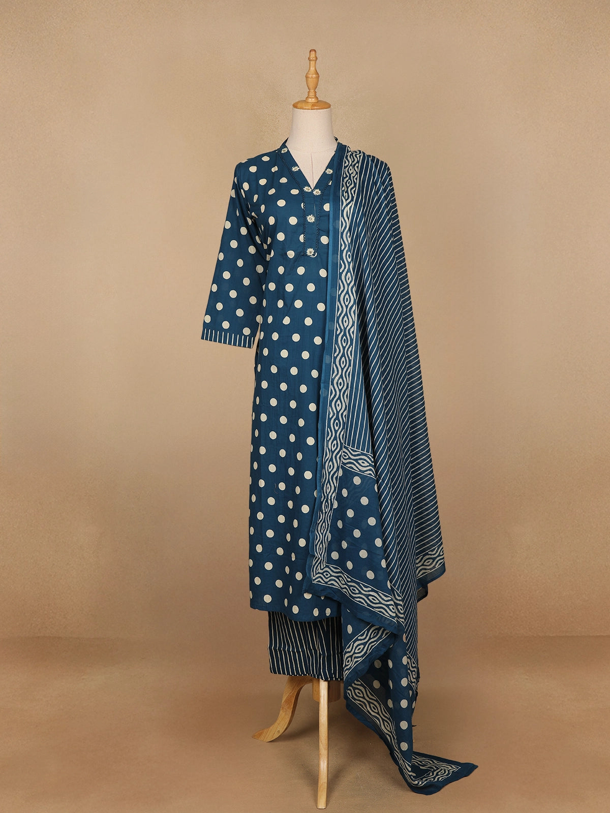 Navy Blue Dotted Designed Cotton Straight Cut Salwar Suit