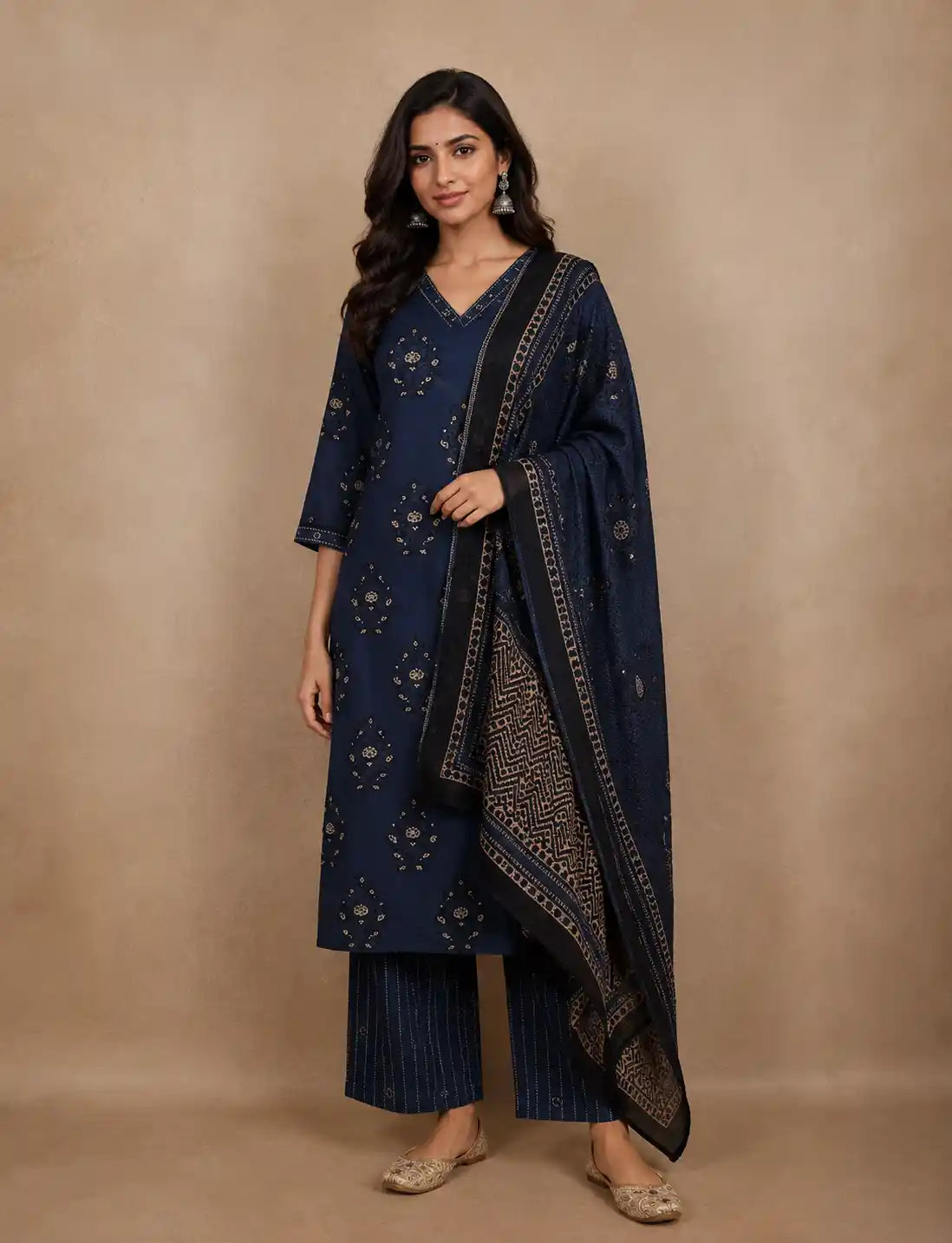 Navy Blue Ethnic Printed Design Cotton Straight Cut Salwar Suit with Dupatta