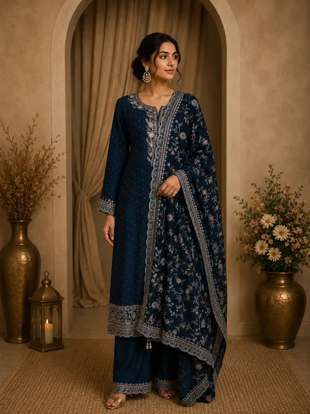 Navy Blue Flora Embroidered Design Georgette Straight Cut Salwar Suit