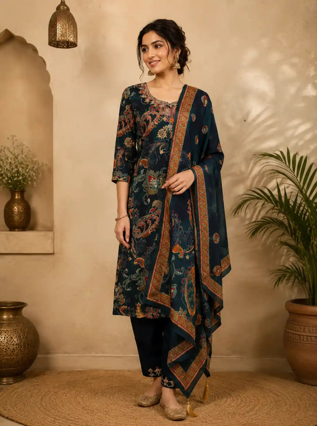 Navy Blue Floral And Paisley Printed Cotton Salwar Suit