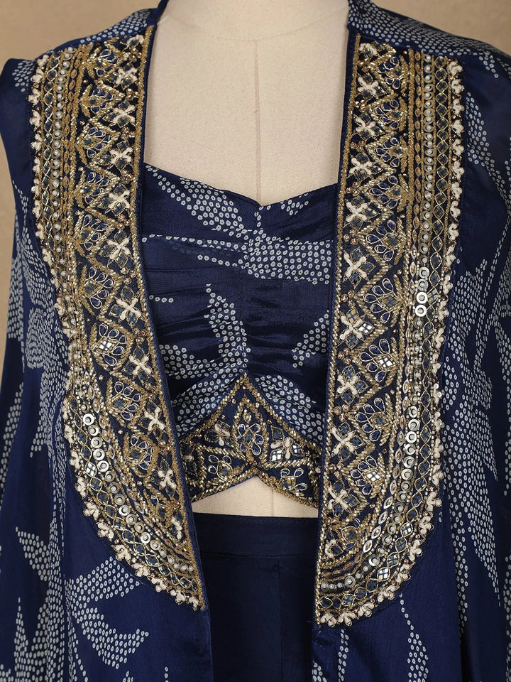 Navy Blue Floral Design Crepe Palazzo Suit - Diadem