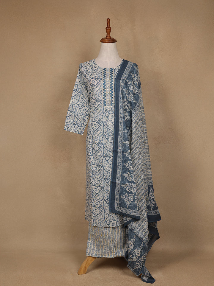 Navy Blue Floral Design Printed Cotton Salwar Suit - Diadem