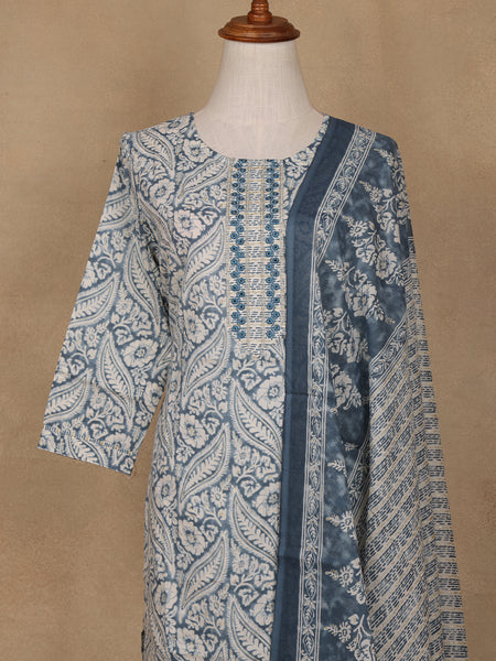 Navy Blue Floral Design Printed Cotton Salwar Suit - Diadem