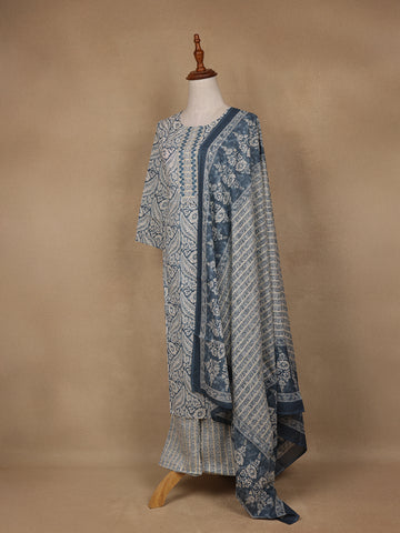Navy Blue Floral Design Printed Cotton Salwar Suit - Diadem