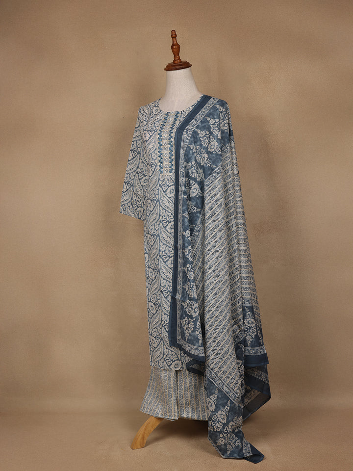 Navy Blue Floral Design Printed Cotton Salwar Suit - Diadem