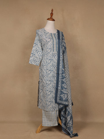 Navy Blue Floral Design Printed Cotton Salwar Suit - Diadem