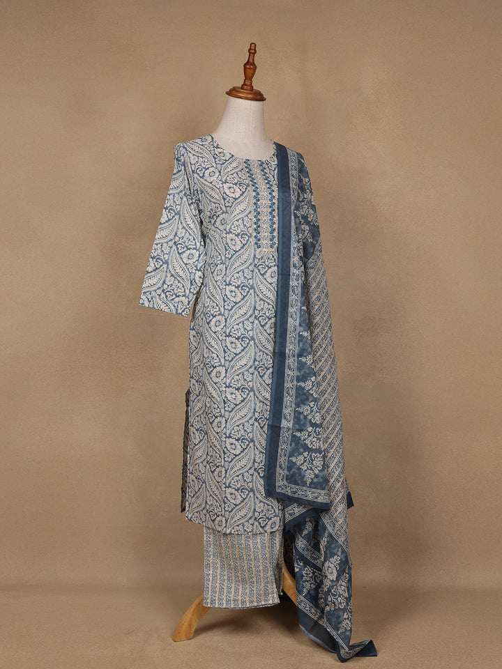 Navy Blue Floral Design Printed Cotton Salwar Suit - Diadem