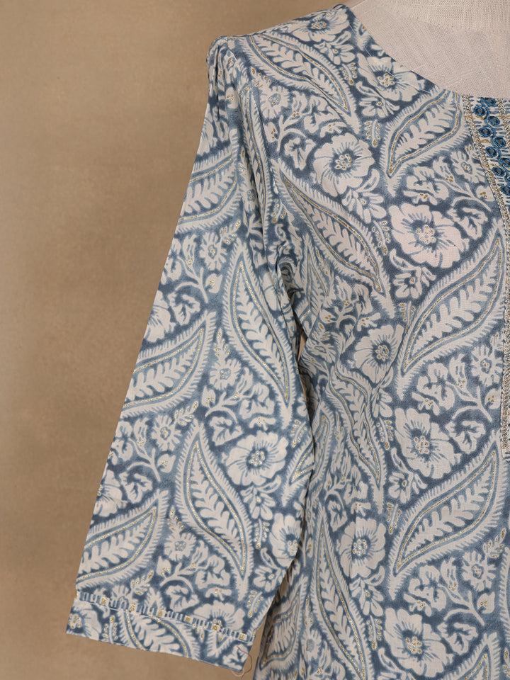 Navy Blue Floral Design Printed Cotton Salwar Suit - Diadem