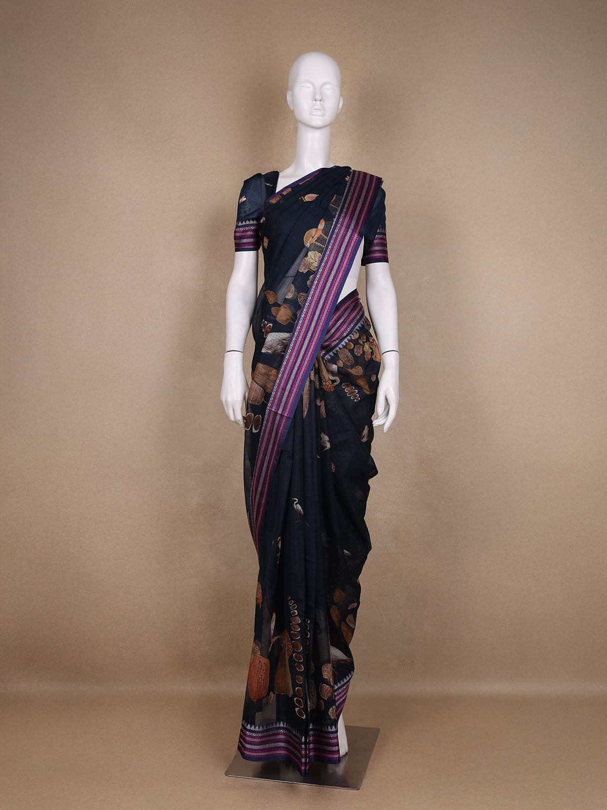 Navy Blue Floral And Bird Print Kota Cotton Saree with Woven Border - Diadem