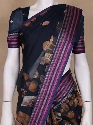Navy Blue Floral And Bird Print Kota Cotton Saree with Woven Border - Diadem