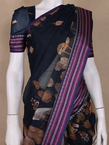 Navy Blue Floral And Bird Print Kota Cotton Saree with Woven Border - Diadem