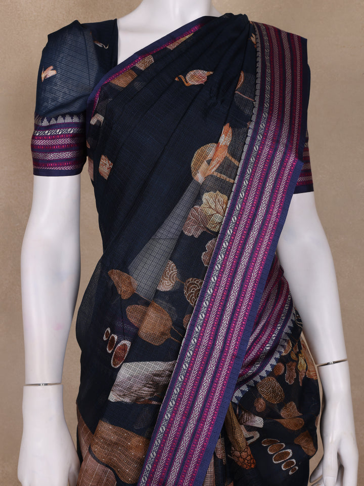 Navy Blue Floral And Bird Print Kota Cotton Saree with Woven Border - Diadem