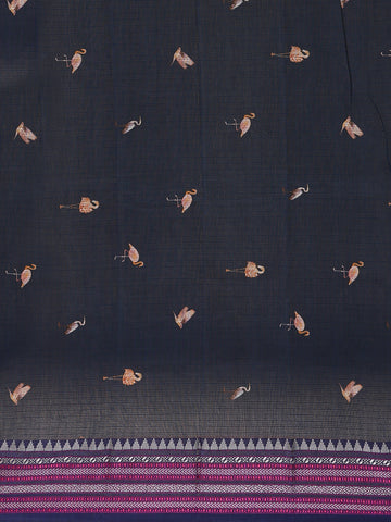 Navy Blue Floral And Bird Print Kota Cotton Saree with Woven Border - Diadem