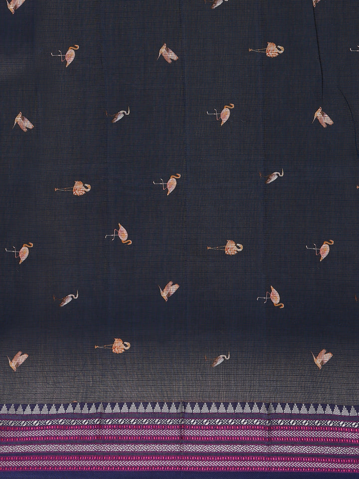 Navy Blue Floral And Bird Print Kota Cotton Saree with Woven Border - Diadem