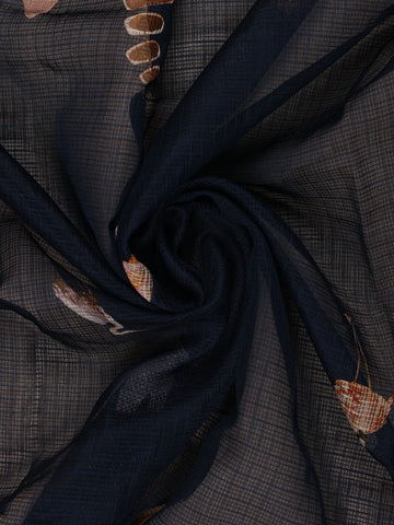 Navy Blue Floral And Bird Print Kota Cotton Saree with Woven Border - Diadem