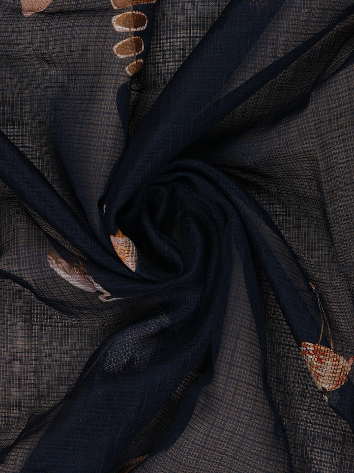 Navy Blue Floral And Bird Print Kota Cotton Saree with Woven Border - Diadem
