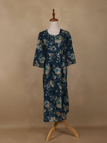 Navy Blue Floral Design Printed Rayon Kuti - Diadem