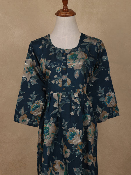Navy Blue Floral Design Printed Rayon Kuti - Diadem
