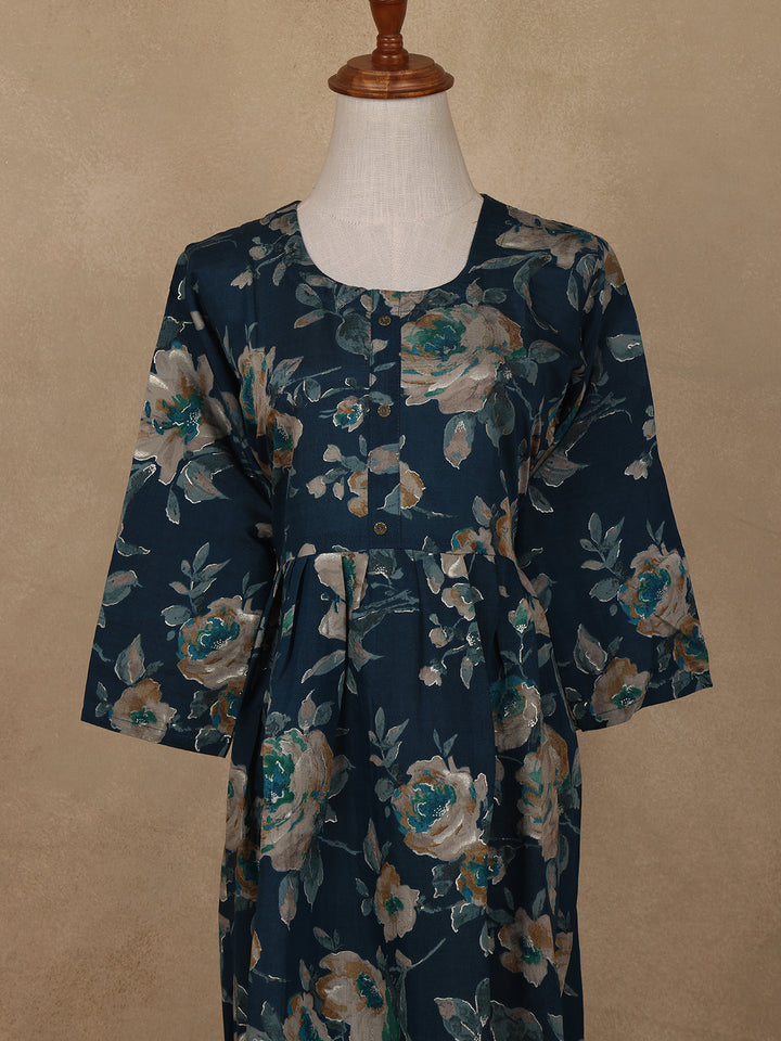 Navy Blue Floral Design Printed Rayon Kuti - Diadem