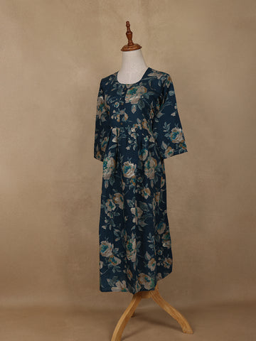 Navy Blue Floral Design Printed Rayon Kuti - Diadem