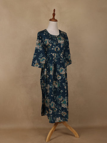 Navy Blue Floral Design Printed Rayon Kuti - Diadem