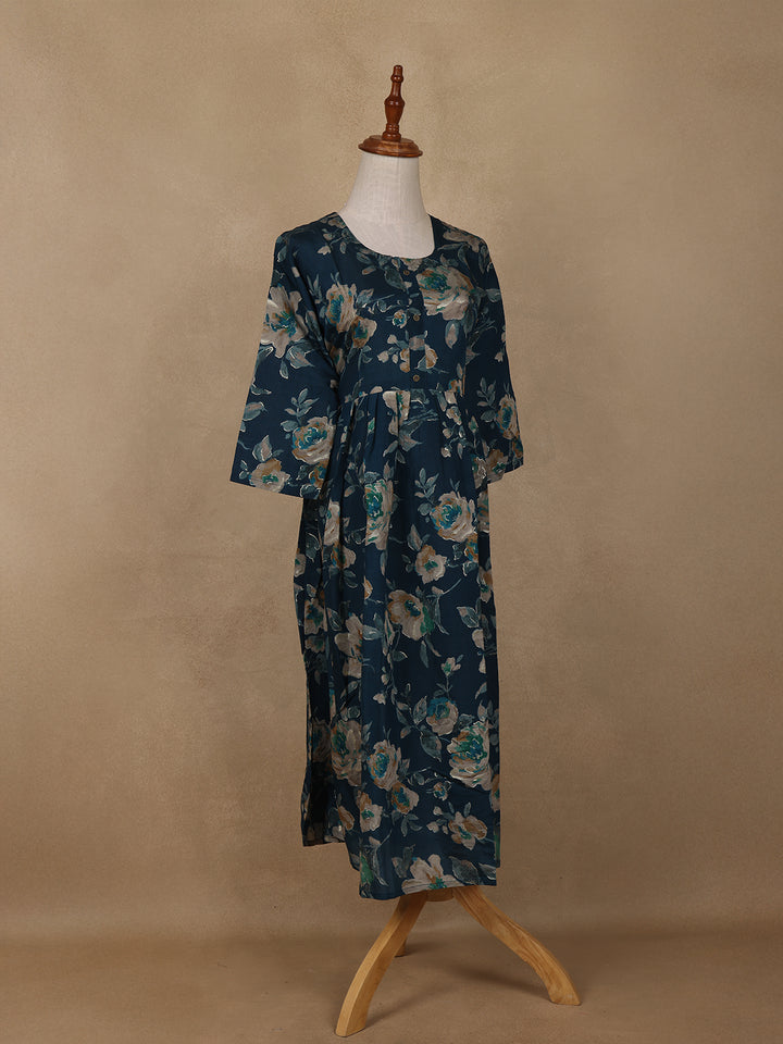 Navy Blue Floral Design Printed Rayon Kuti - Diadem