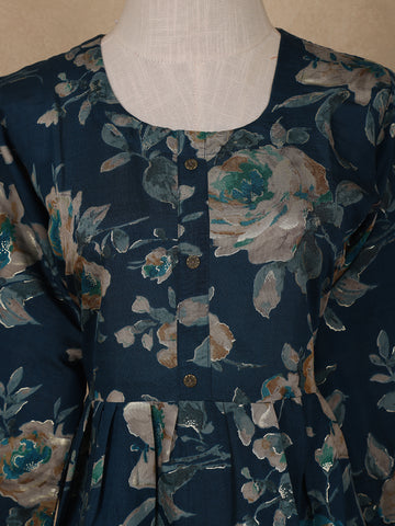Navy Blue Floral Design Printed Rayon Kuti - Diadem