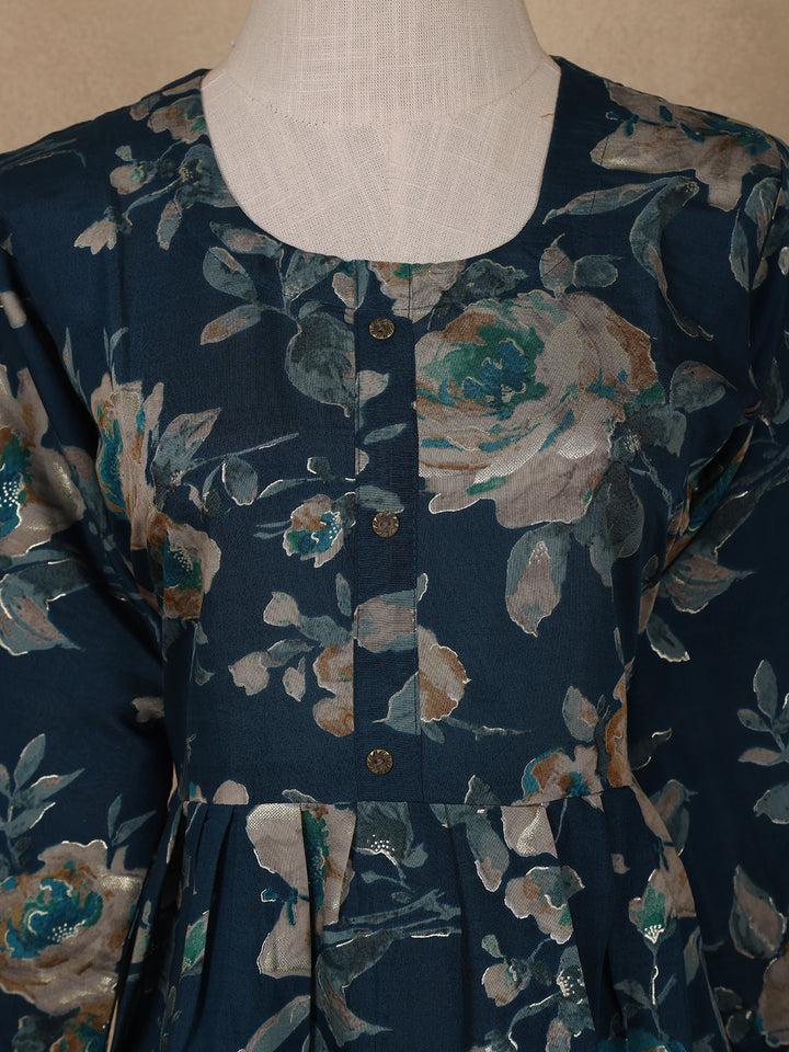 Navy Blue Floral Design Printed Rayon Kuti - Diadem