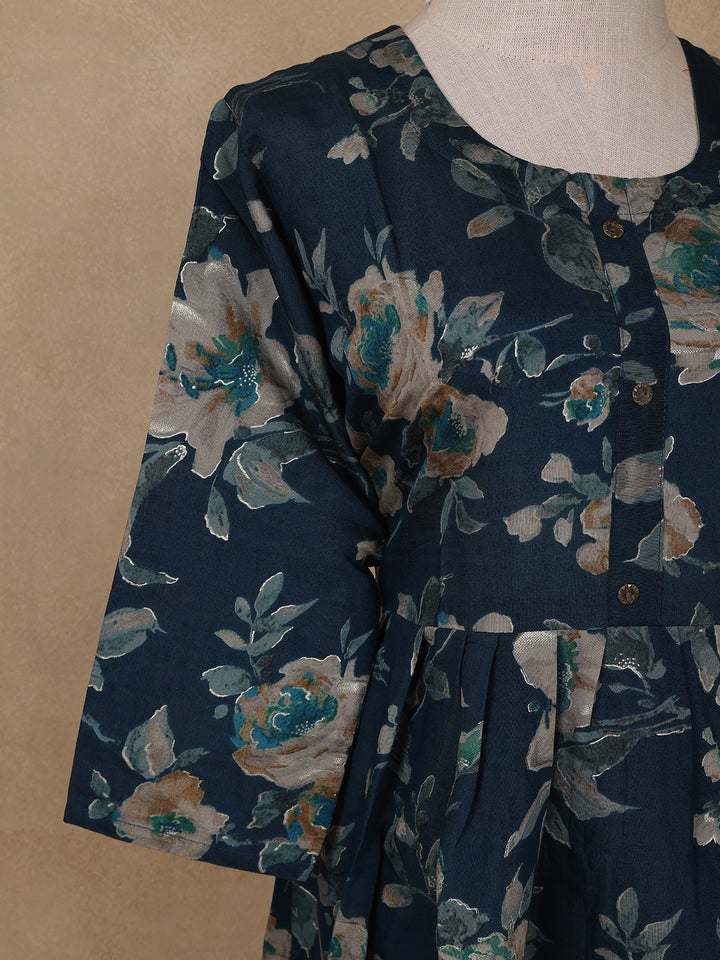 Navy Blue Floral Design Printed Rayon Kuti - Diadem