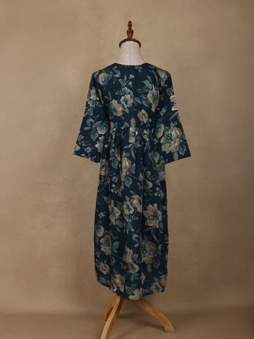 Navy Blue Floral Design Printed Rayon Kuti - Diadem