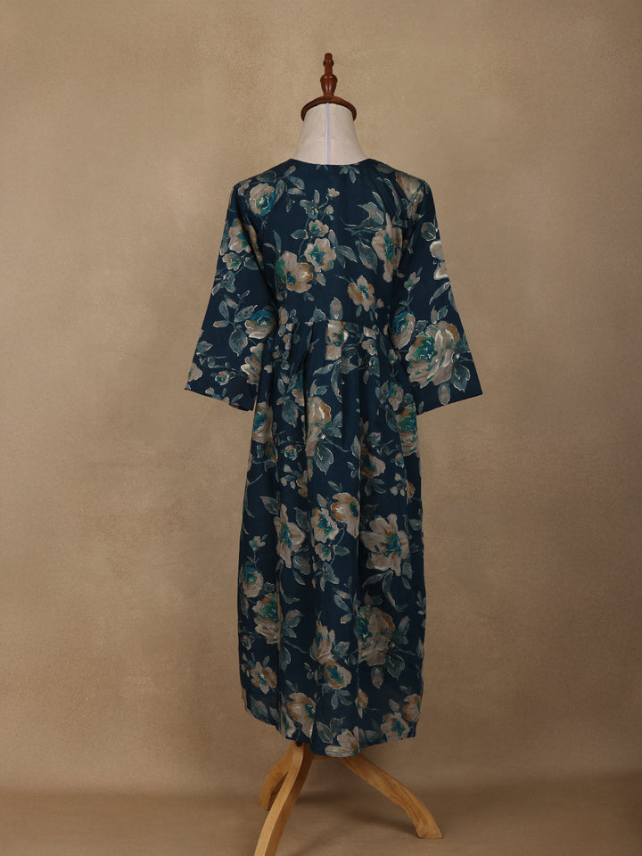 Navy Blue Floral Design Printed Rayon Kuti - Diadem