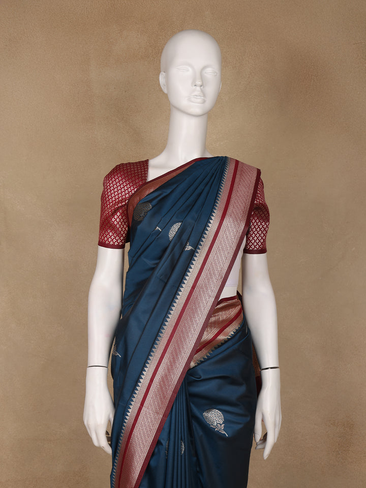 Navy Blue Floral Design Silk Saree - Diadem
