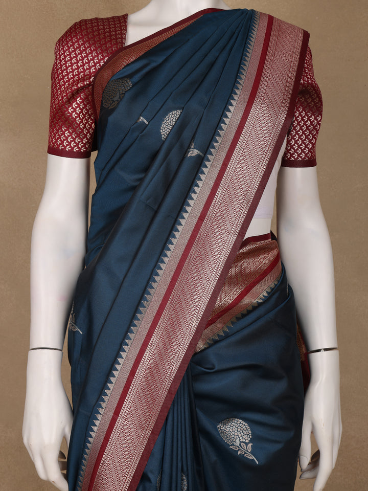 Navy Blue Floral Design Silk Saree - Diadem