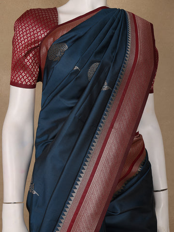 Navy Blue Floral Design Silk Saree - Diadem